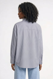 Elegante gestreepte damesblouse met volant en lange mouwen