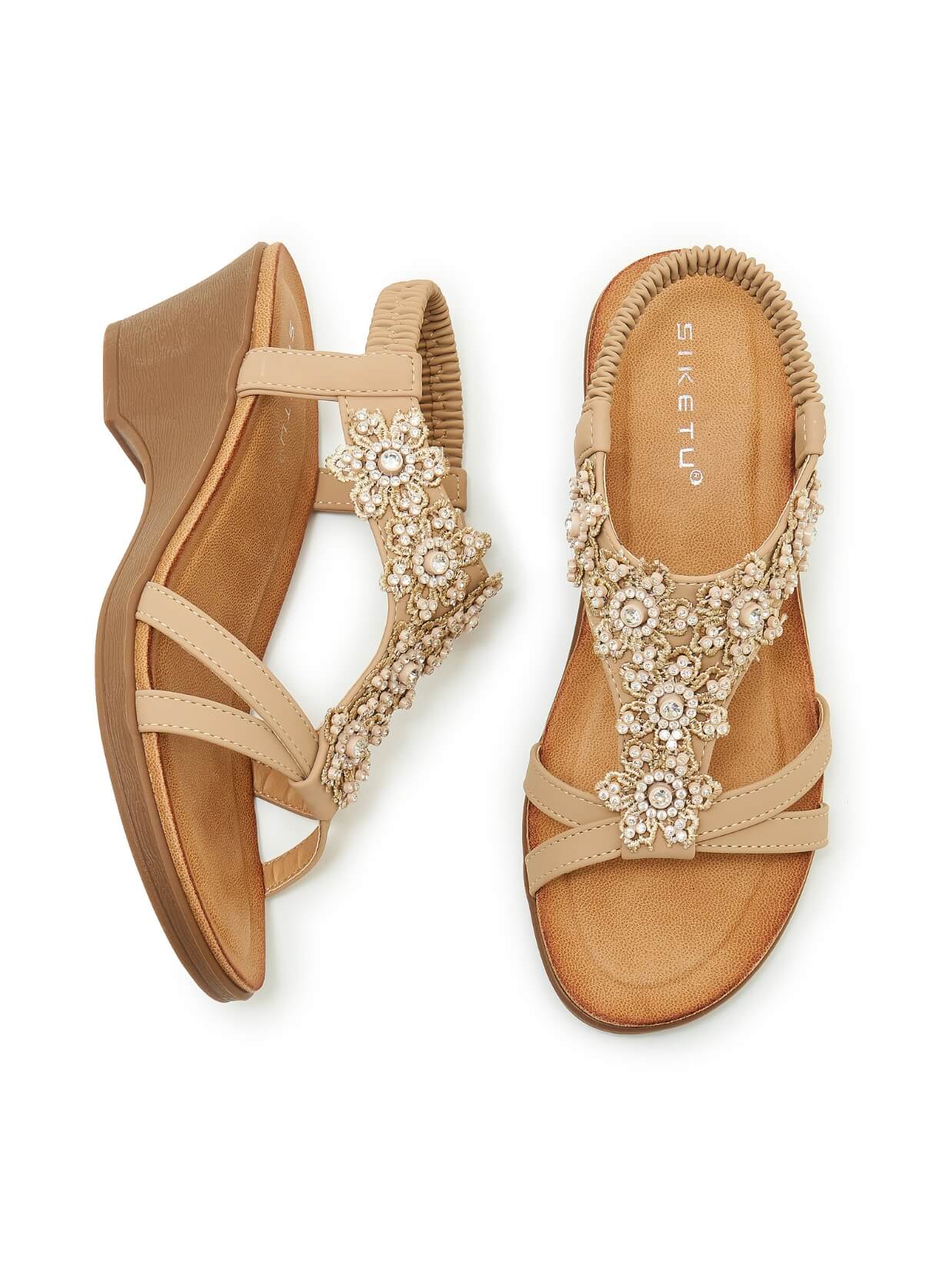 Siketu | Jaide Strass Kralen Voetbed Sandaal - beige