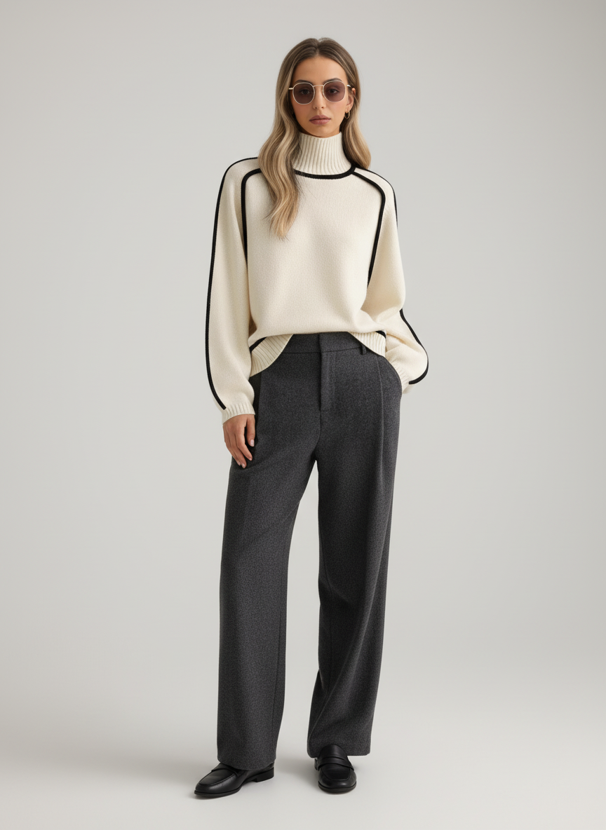 Gebreide Dames Sweater met Contrastbiezen