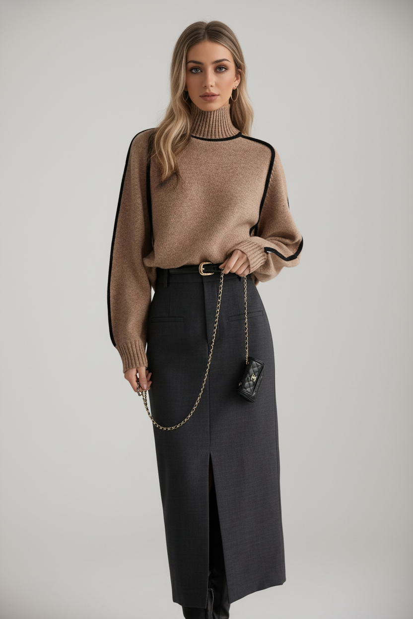 Gebreide Dames Sweater met Contrastbiezen