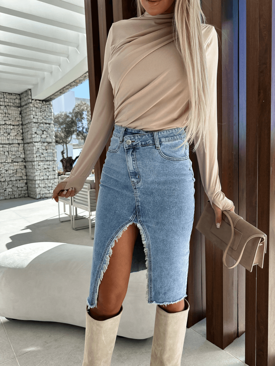 MADDY ASYMMETRICAL SLIT DENIM SKIRT