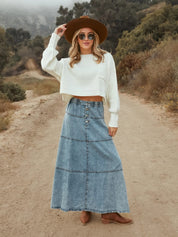 Stitch And Feather Denim Maxi Skirt