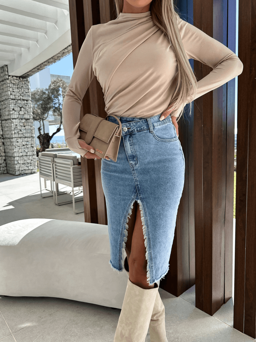 MADDY ASYMMETRICAL SLIT DENIM SKIRT