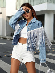 Dames denim jas met franjes – trendy spijkerjack in klassiek blauw en speels design