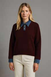Stijvolle 2 in 1 Dames Sweater met Denim Kraag