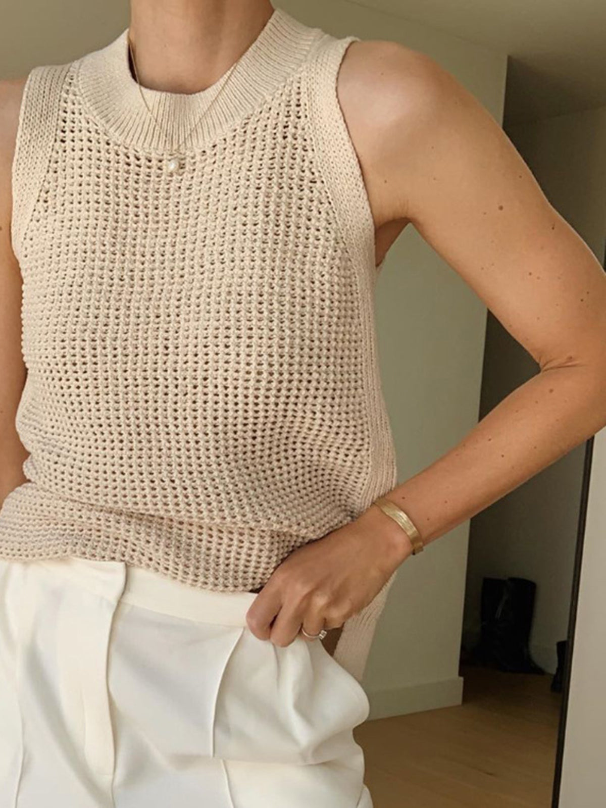 Gebreide Tanktop Dames - Hollow Effen Mouwloze Top Ronde Hals Lichte Stretch