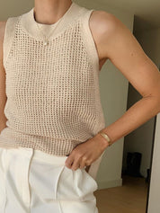 Gebreide Tanktop Dames - Hollow Effen Mouwloze Top Ronde Hals Lichte Stretch