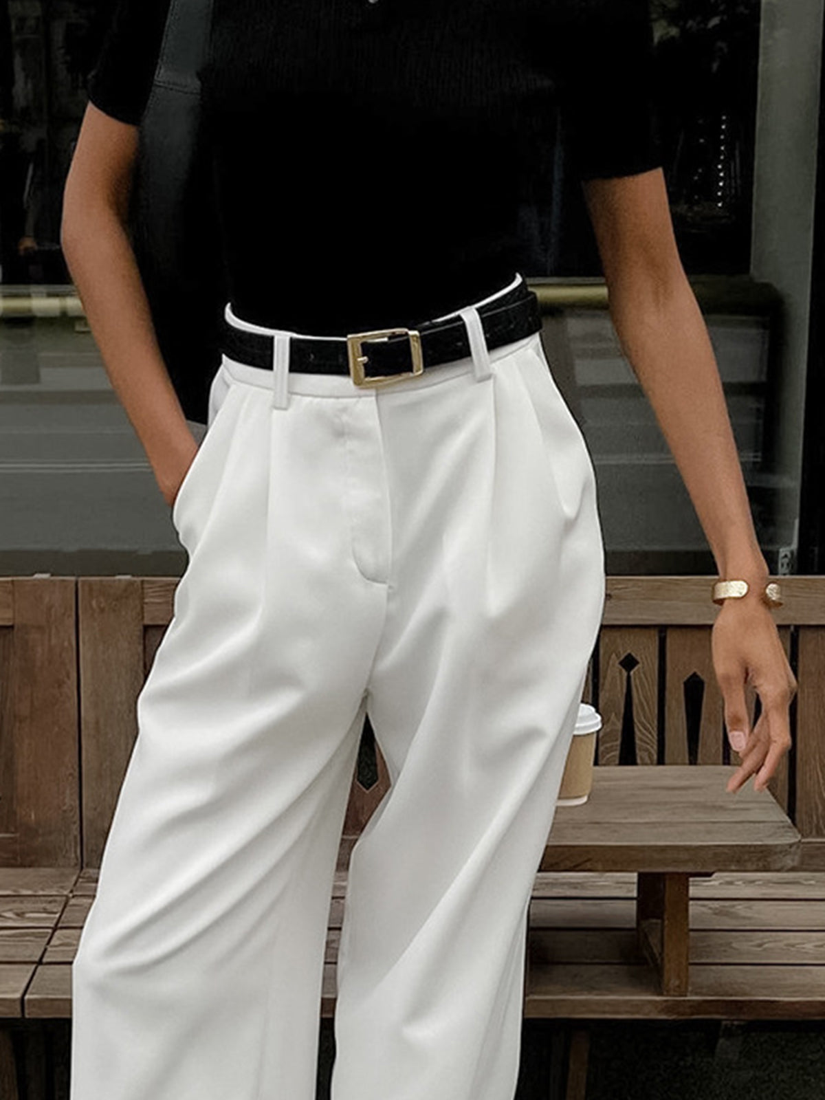 Wijde Pijpen Broek Dames - Solid Wide Leg Broek Zonder Riem Polyester