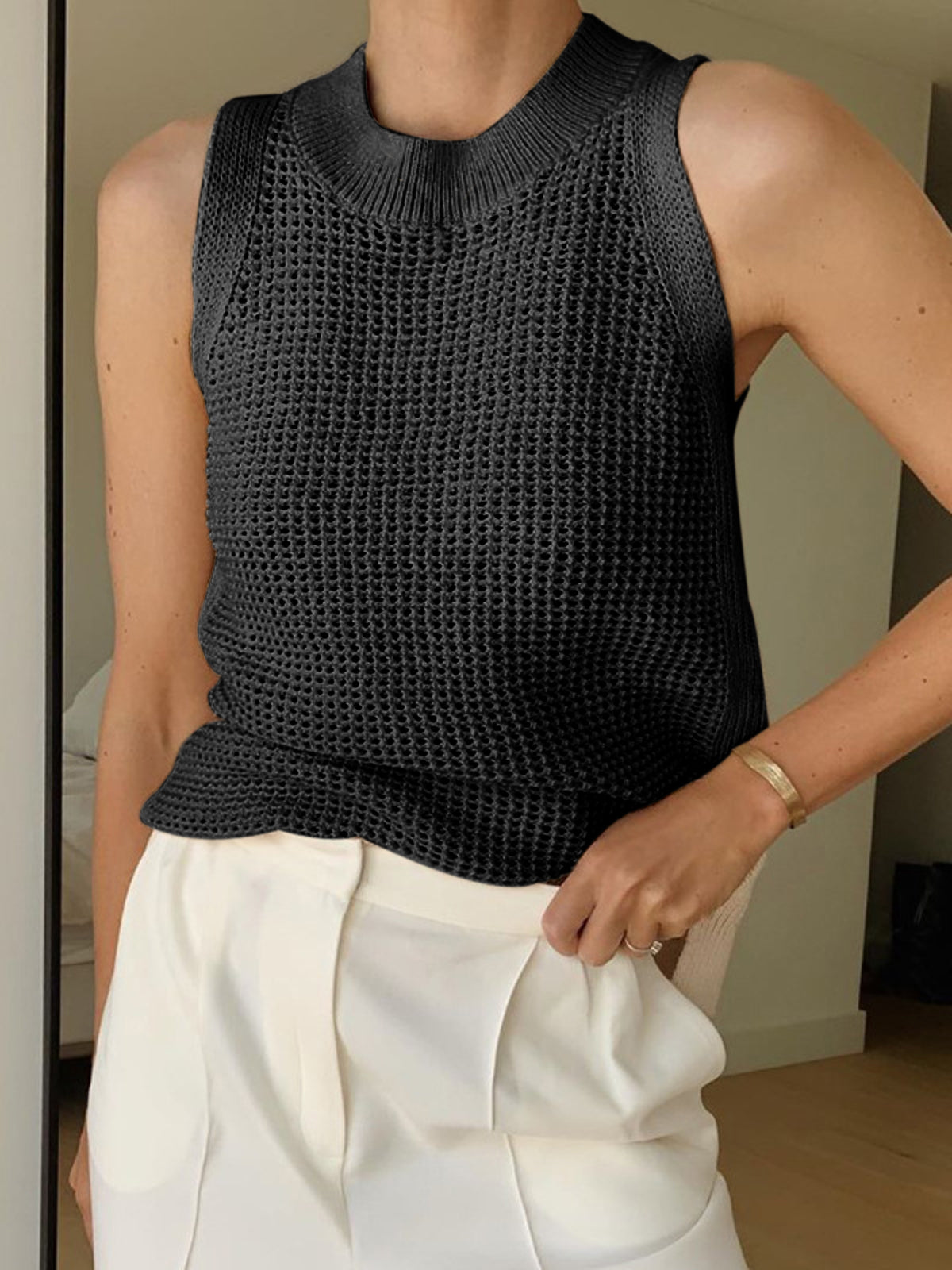 Gebreide Tanktop Dames - Hollow Effen Mouwloze Top Ronde Hals Lichte Stretch