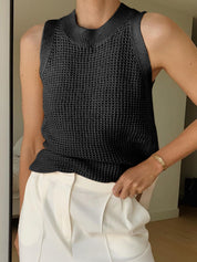 Gebreide Tanktop Dames - Hollow Effen Mouwloze Top Ronde Hals Lichte Stretch