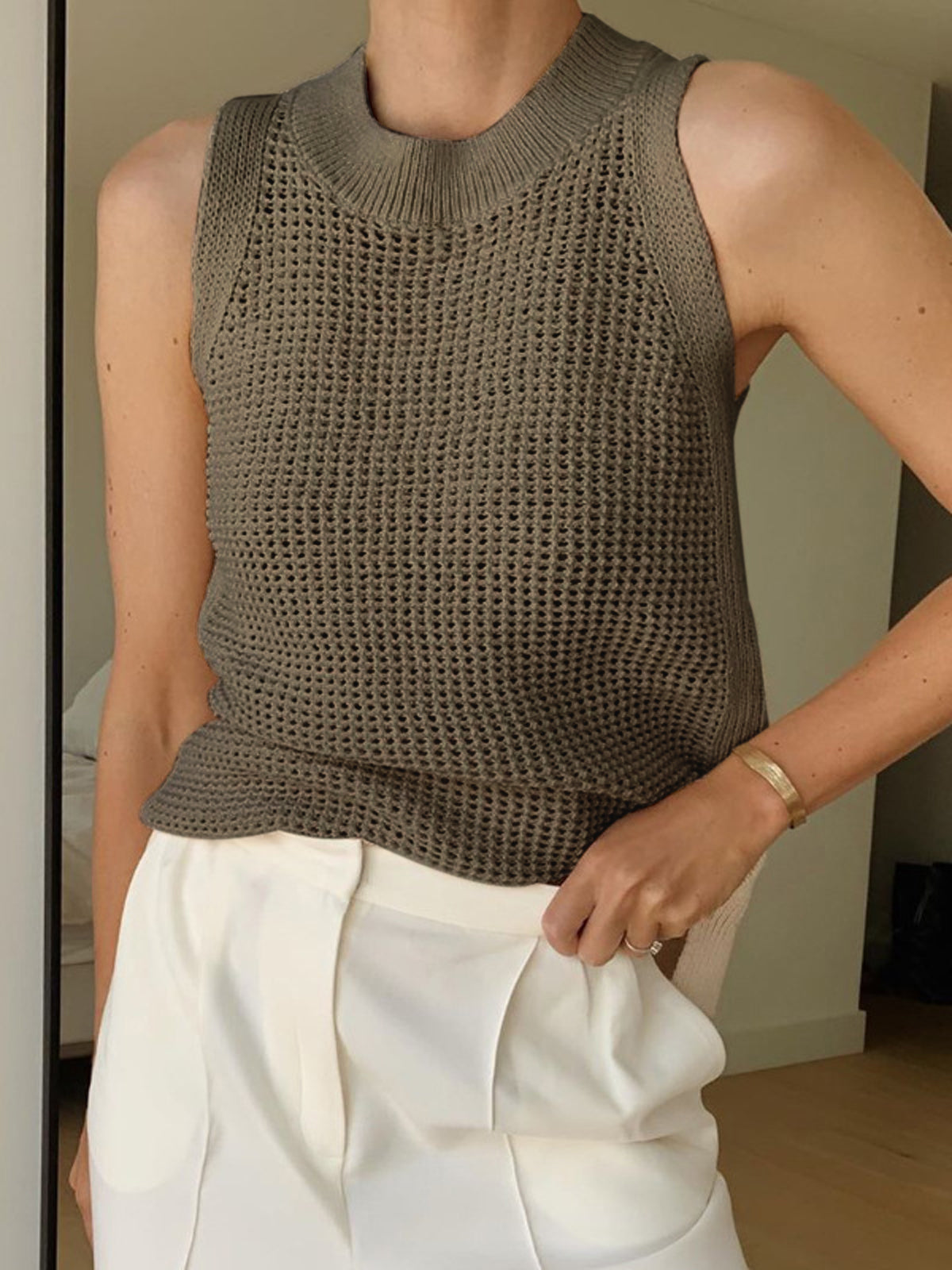 Gebreide Tanktop Dames - Hollow Effen Mouwloze Top Ronde Hals Lichte Stretch