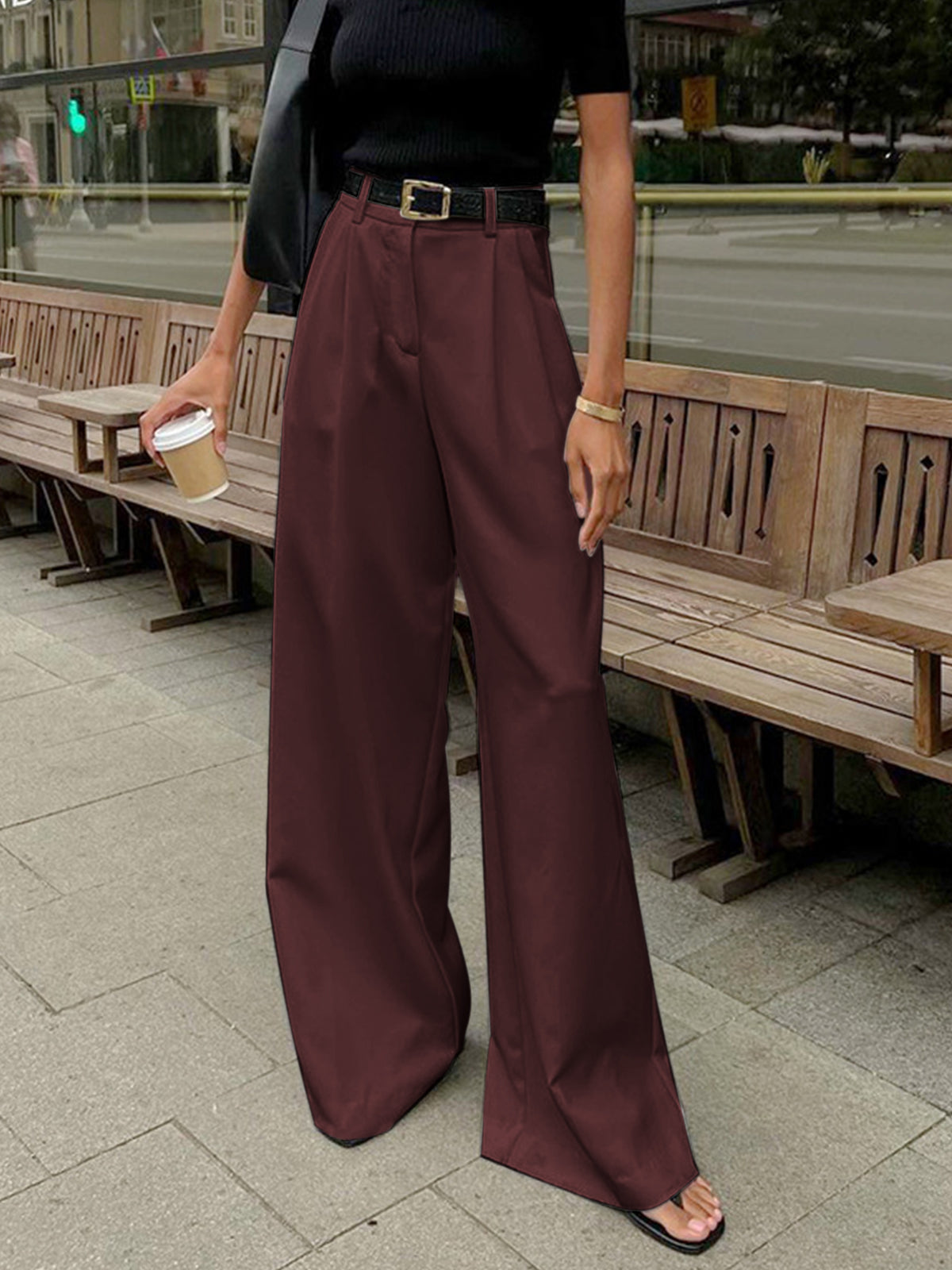 Wijde Pijpen Broek Dames - Solid Wide Leg Broek Zonder Riem Polyester