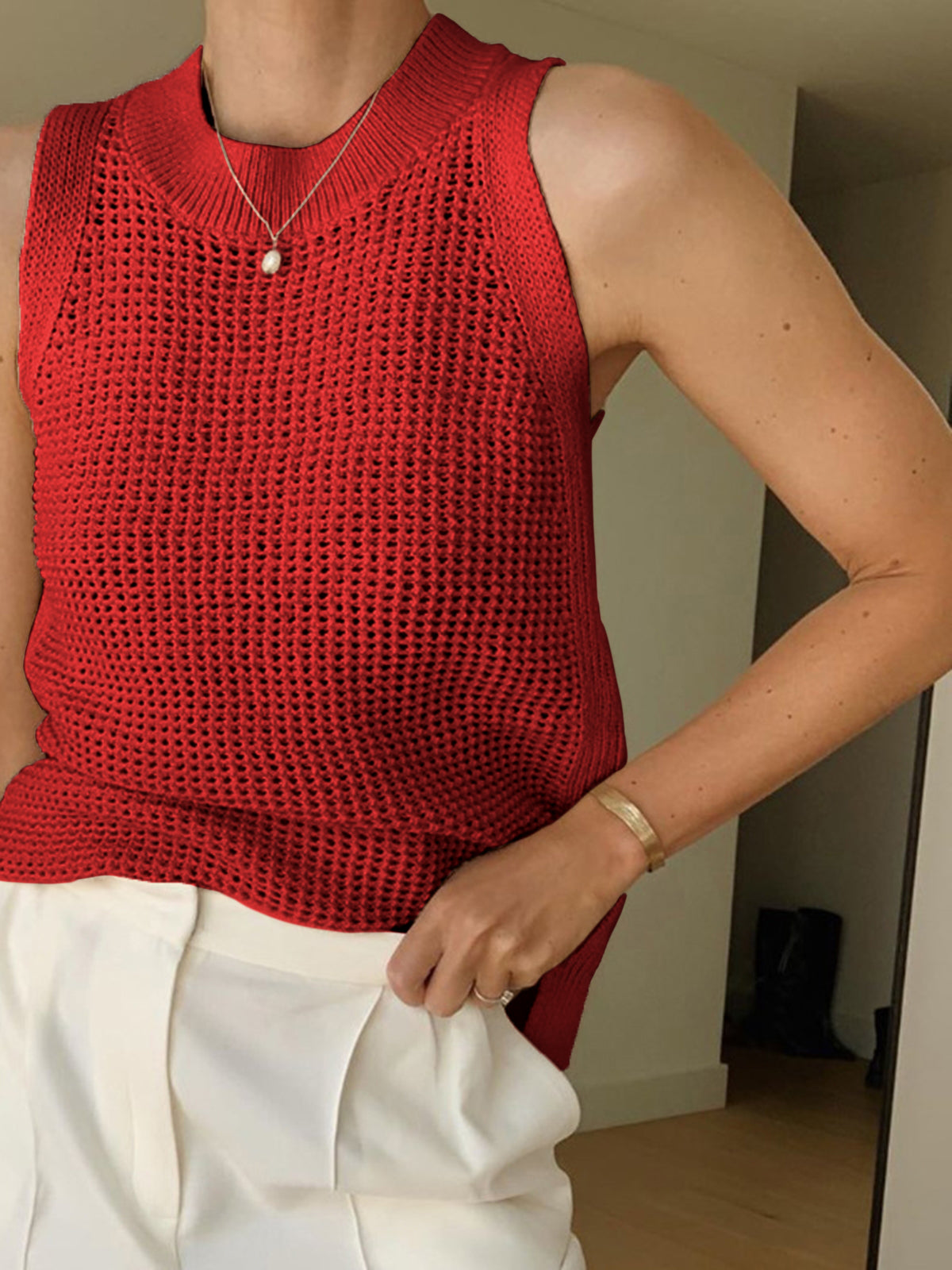 Gebreide Tanktop Dames - Hollow Effen Mouwloze Top Ronde Hals Lichte Stretch
