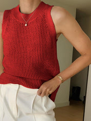 Gebreide Tanktop Dames - Hollow Effen Mouwloze Top Ronde Hals Lichte Stretch