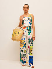 Graphic Print Crop Top With Wide-Leg Pants Set