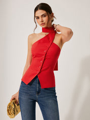 Cotton & Linen Halter Top With Decor Pockets