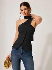 Cotton & Linen Halter Top With Decor Pockets