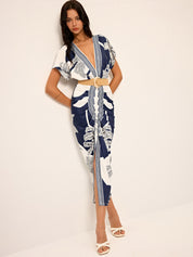 Printed Deep V-Neck Midi Dress Without Belt