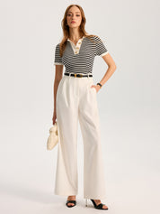 Metal Button Striped Knit Polo Top