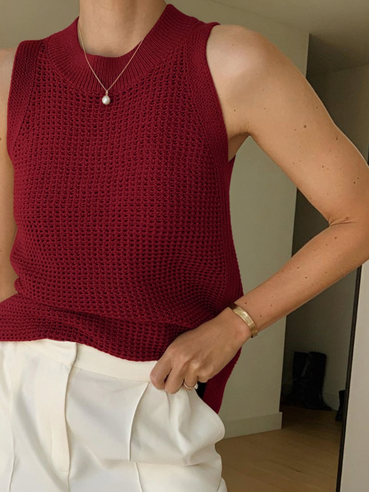 Gebreide Tanktop Dames - Hollow Effen Mouwloze Top Ronde Hals Lichte Stretch