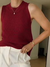Gebreide Tanktop Dames - Hollow Effen Mouwloze Top Ronde Hals Lichte Stretch