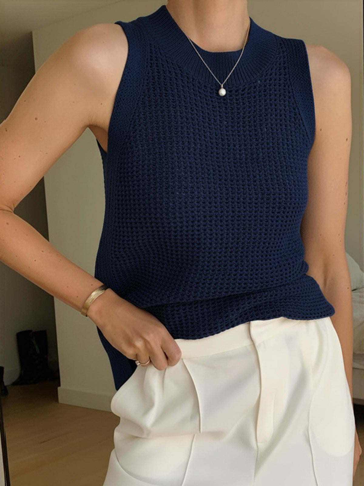 Gebreide Tanktop Dames - Hollow Effen Mouwloze Top Ronde Hals Lichte Stretch