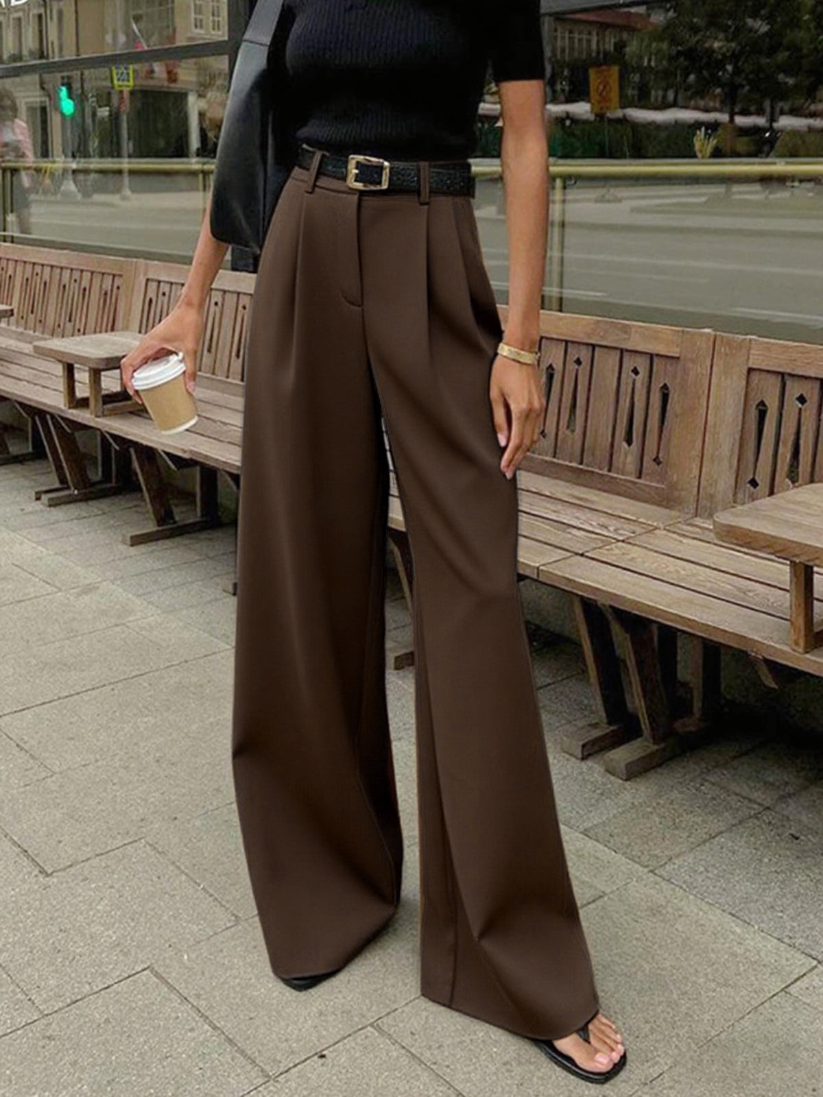 Wijde Pijpen Broek Dames - Solid Wide Leg Broek Zonder Riem Polyester