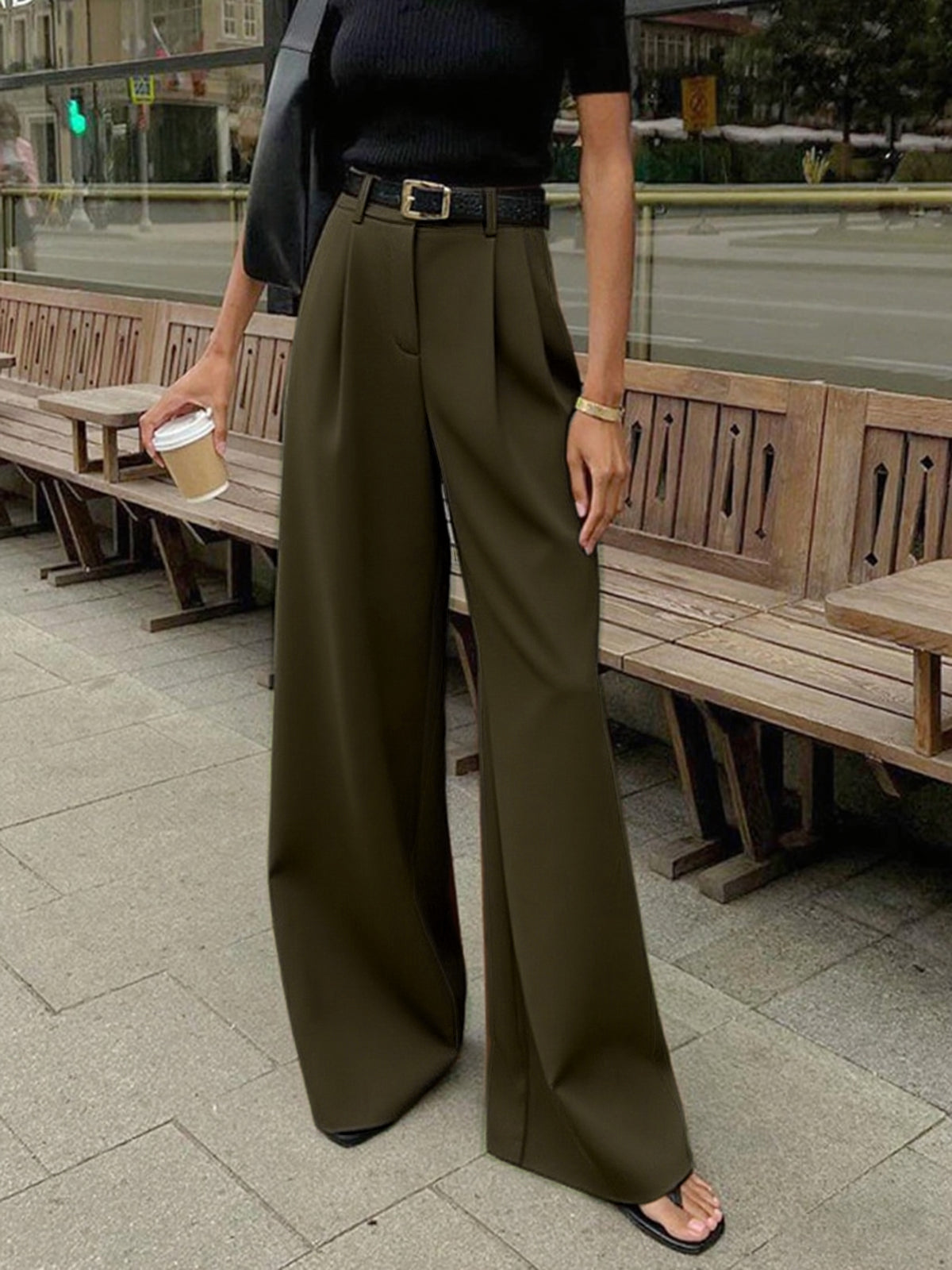Wijde Pijpen Broek Dames - Solid Wide Leg Broek Zonder Riem Polyester