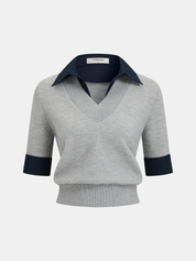 Contrast Collar Elbow Sleeve Knit Top