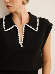 Contrast Trim Sleeveless Knit Polo Vest