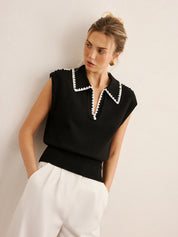 Contrast Trim Sleeveless Knit Polo Vest