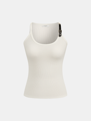Ribbed Stretchy Faux Leather Buckle Vintage Tank Top