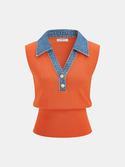 Denim Collar Metal Button Sleeveless Knit Vest