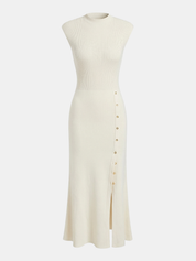 Button Detail Cap Sleeve Rib Knit Maxi Dress