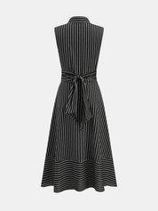 Striped Collared Sleeveless Tie Waist Midi Dress