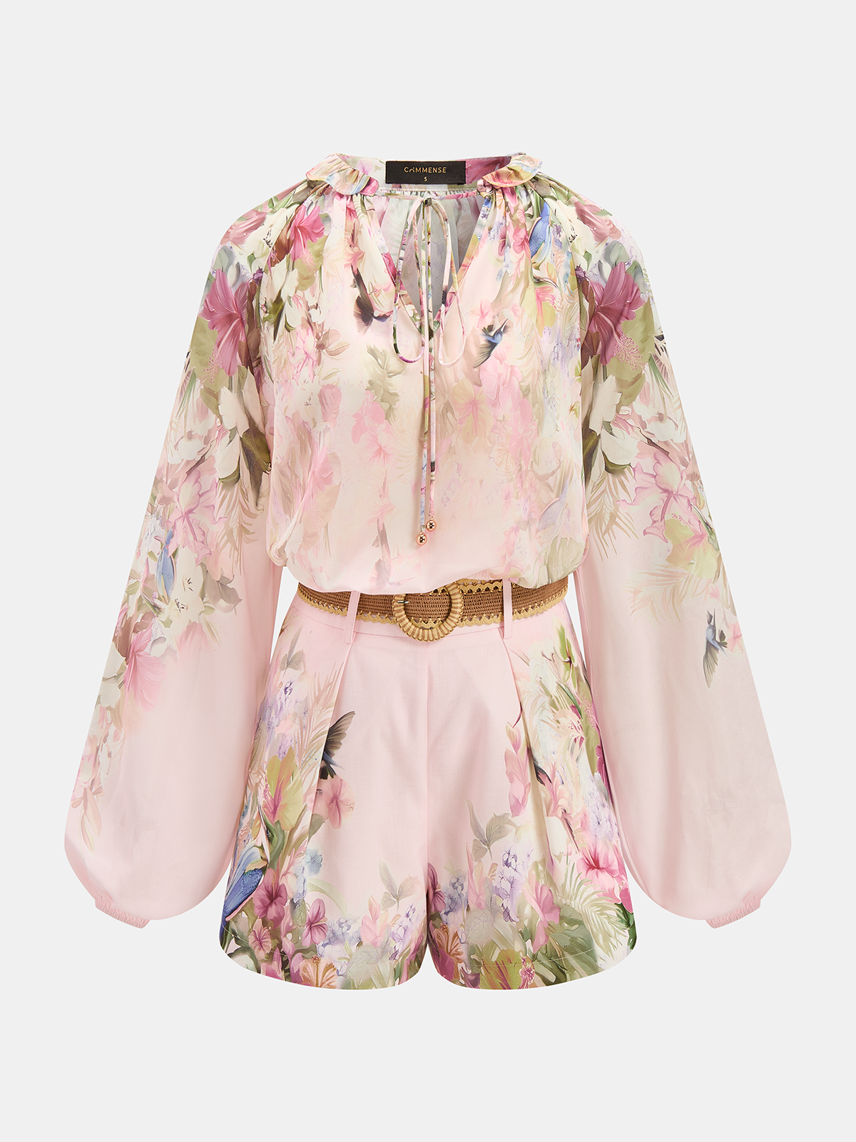 Floral Print Blouse & Belted Shorts Set