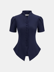 Short Sleeve Stand Collar Buttoned Slim Blouse