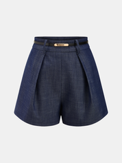 Asymmetric Off-Shoulder Denim Top & Belted Shorts Set