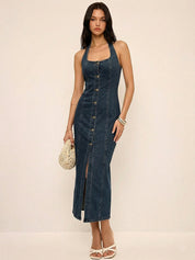 Denim Halter Button Front Maxi Dress