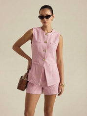 Metal Button Tweed Vest & Shorts Set