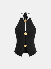 Cut-Out Floral Button Knit Halter Top