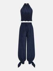 Eyelet Embroidery Top & Tie-Cuff Pants Set
