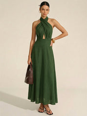 Cotton Linen Halter Neck Cut-Out Maxi Dress