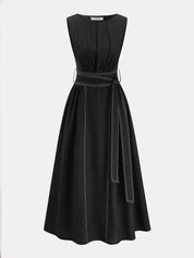 Cotton Linen Sleeveless Belted Midi Dress
