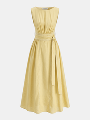 Cotton Linen Sleeveless Belted Midi Dress