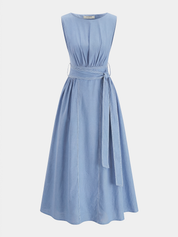 Cotton Linen Sleeveless Belted Midi Dress