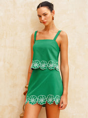 Cotton Floral Embroidered Top & Mini Skirt Set