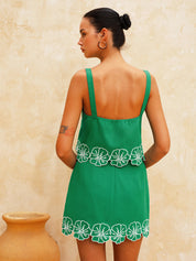 Cotton Floral Embroidered Top & Mini Skirt Set