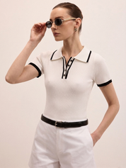 Ribbed Knit Short Sleeve Polo Top