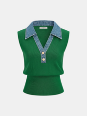 Denim Collar Metal Button Sleeveless Knit Vest